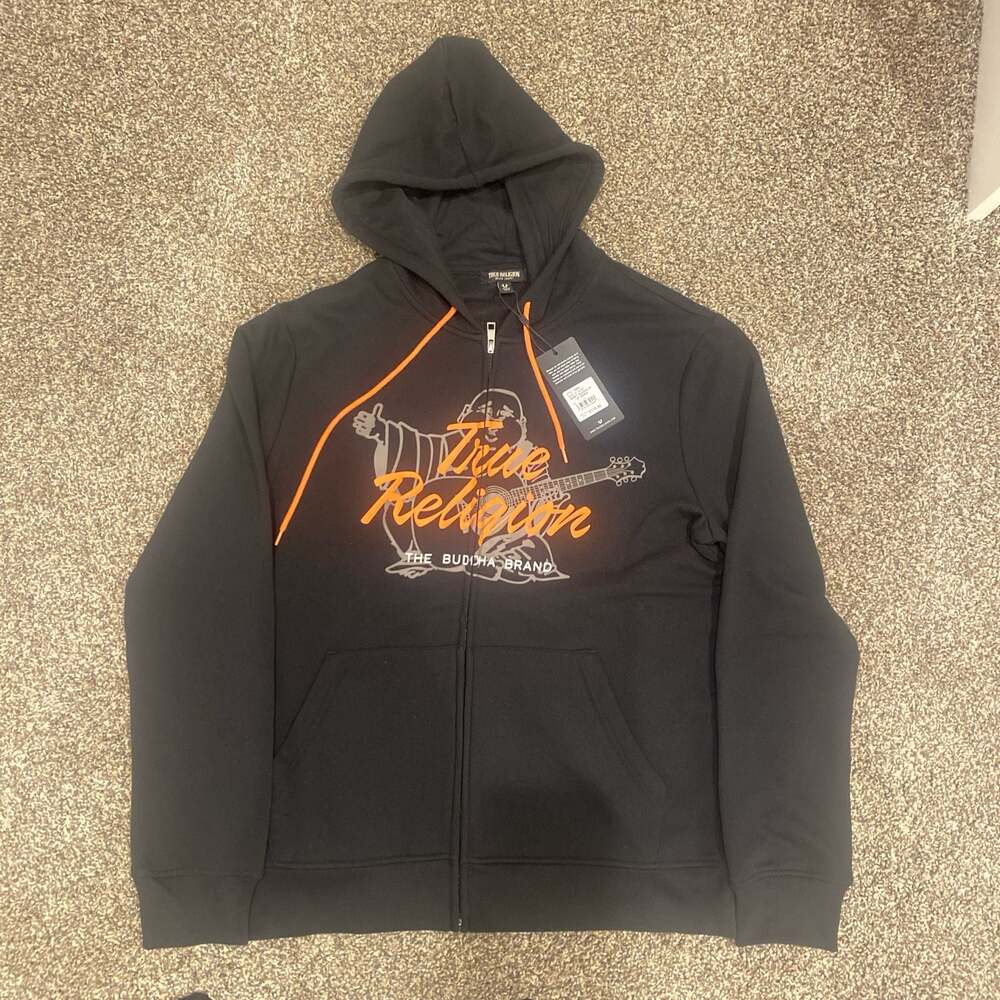 True Religion Script Buddha Zip Up Hoodie Black Size L